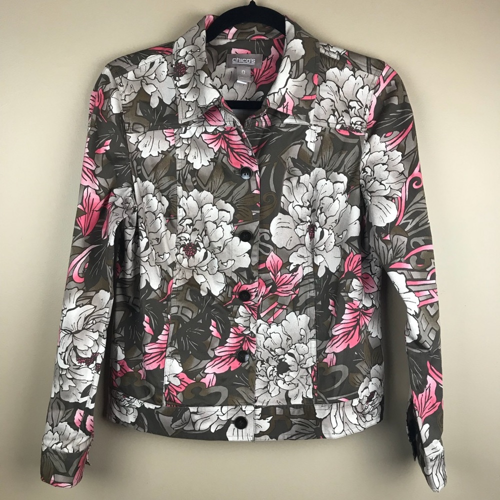 Chico’s 0 Floral Stretch Jacket Pink Khaki